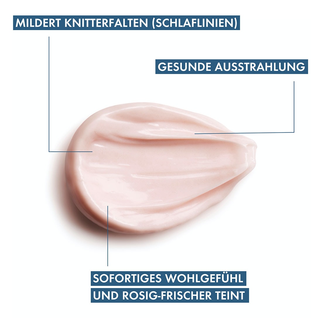 Rosige Textur von Vichy Neovadiol Rose Platinium Nacht mit Text: mildert Knitterfalten, gesunde Ausstrahlung, sofortiges Wohlgefühl und rosig-frischer Teint