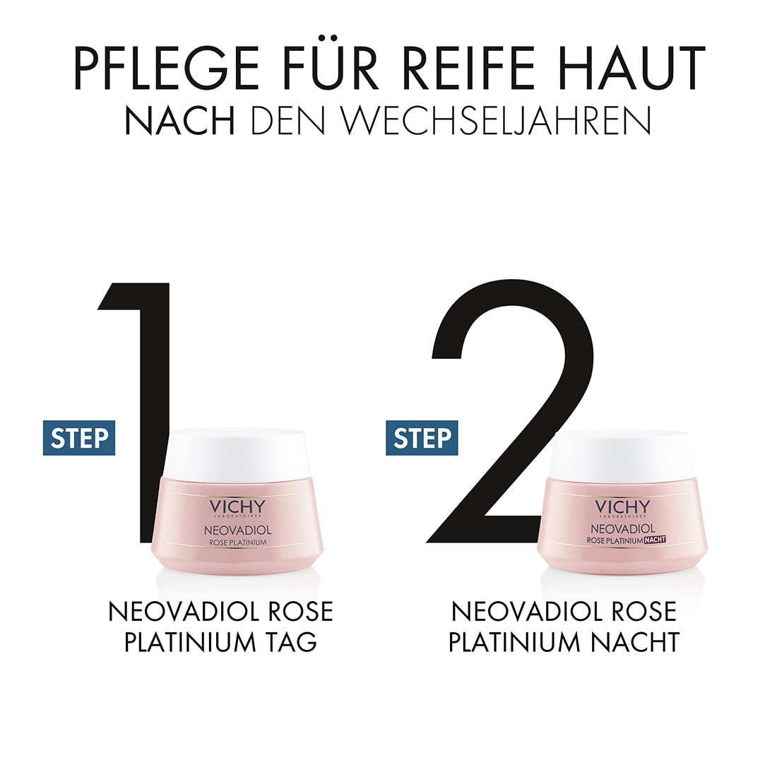 Pflegeroutine für reife Haut nach den Wechseljahren – Schritt 1 Neovadiol Rose Platinium Tag, Schritt 2 Neovadiol Rose Platinium Nacht