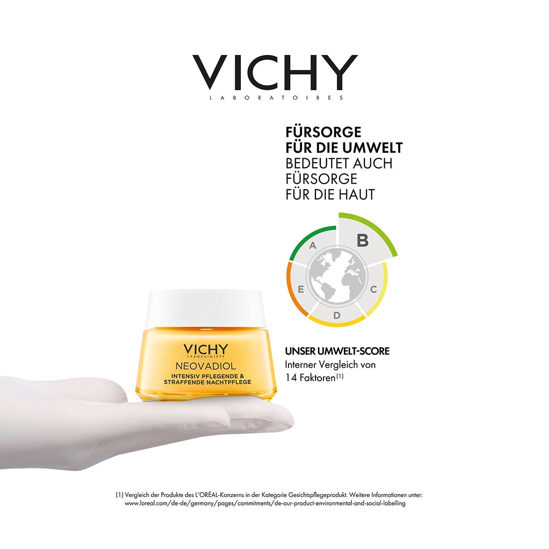 Vichy Neovadiol intensiv pflegende und straffende Nachtpflege in einem Tiegel, präsentiert auf einer Hand, mit Hinweis auf Umwelt-Score und nachhaltige Hautpflege