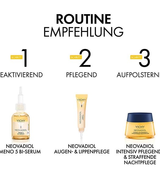 Vichy empfiehlt eine dreischrittige Routine, um im ersten Schritt die Haut mit dem Neovadiol Meno 5 Bi-Serum zu reaktivieren, sie im zweiten Schritt mit der Neovadiol Augen-& Lippenpflege zu pflegen und im dritten Schritt die Haut mit der straffenden Nachtpflege aufzupolstern.
