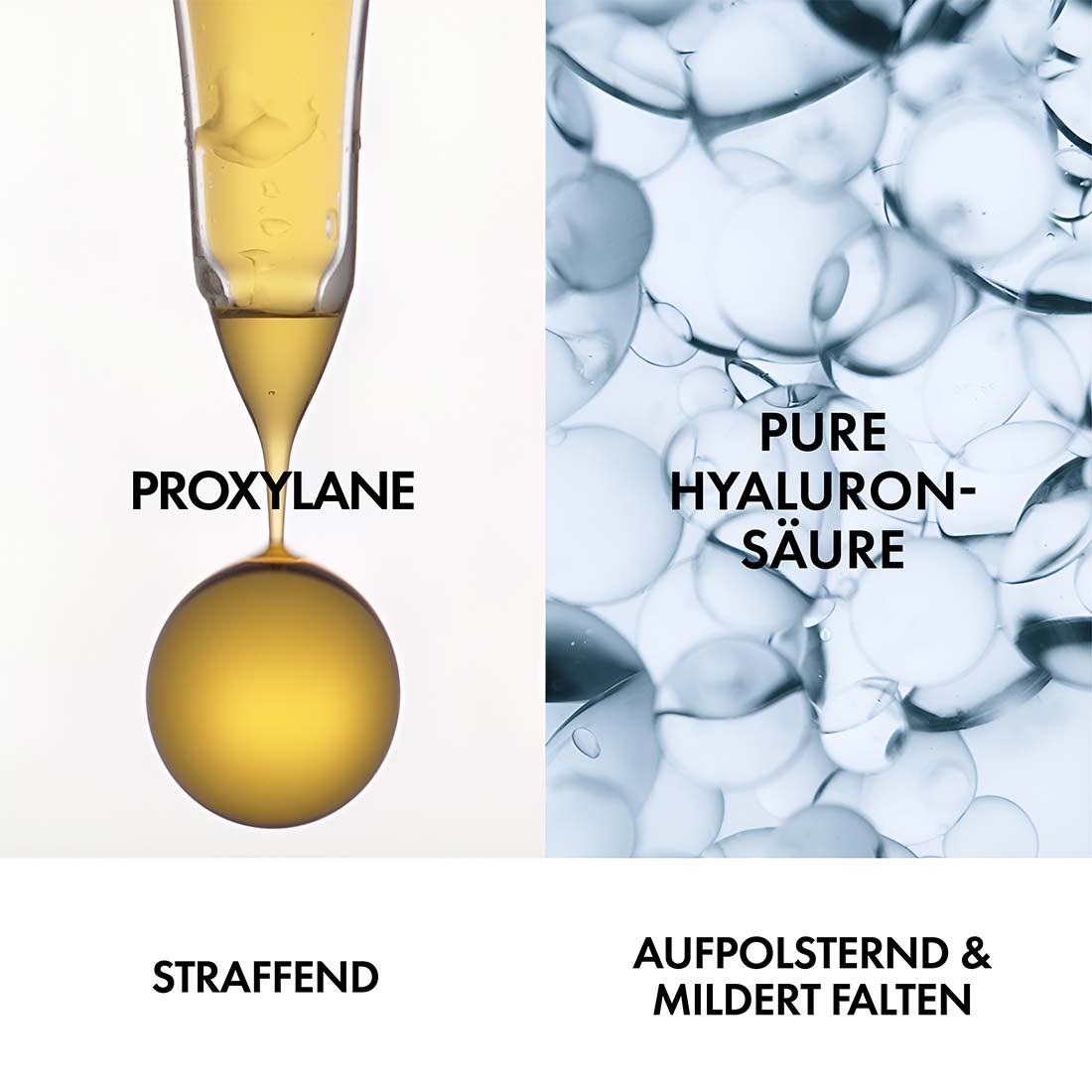 Illustration der Wirkstoffe Proxylane und pure Hyaluronsäure, mit Beschreibungen 'straffend' sowie 'aufpolsternd und mildert Falten'.