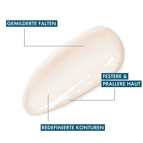 Textur einer Creme mit Hervorhebungen der Effekte: gemilderte Falten, festere und prallere Haut, redefinierte Konturen.