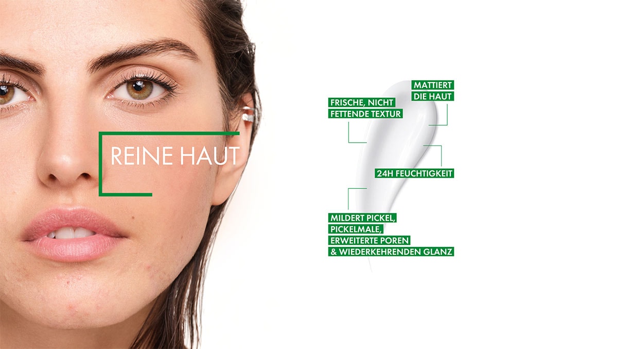 Visage d'une femme avec le texte 'Peau pure' et une description du produit en arrière-plan