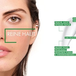 Gesicht einer jungen Frau mit einer Menge weisse Creme daneben mit Produkthinweisen für reine Haut und 24h Feuchtigkeit