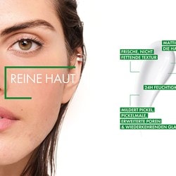 Visage d'une femme avec le texte 'Peau pure' et une description du produit en arrière-plan