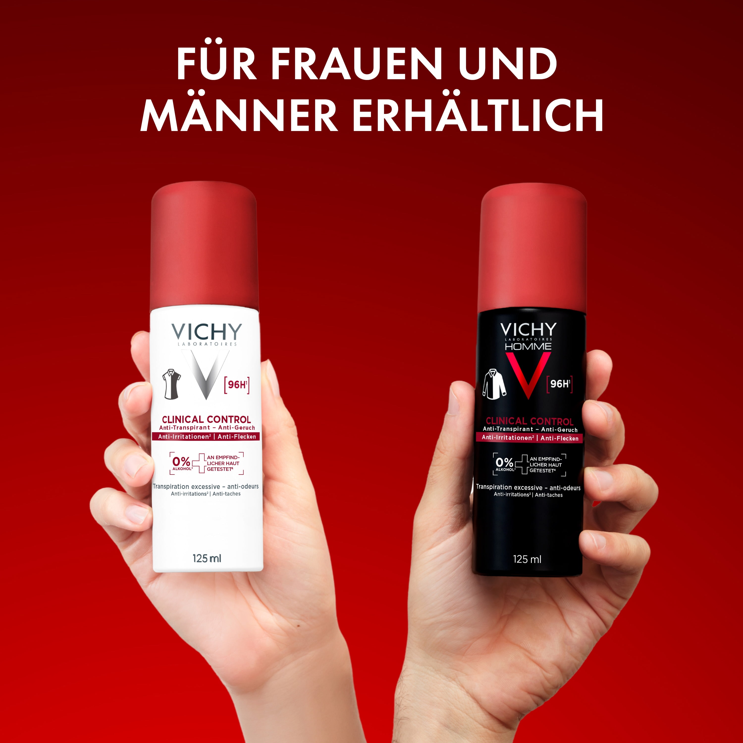 Zwei Hände halten Vichy Clinical Control Deodorants für Frauen und Männer, im Bild steht: für Frauen und Männer erhältlich
