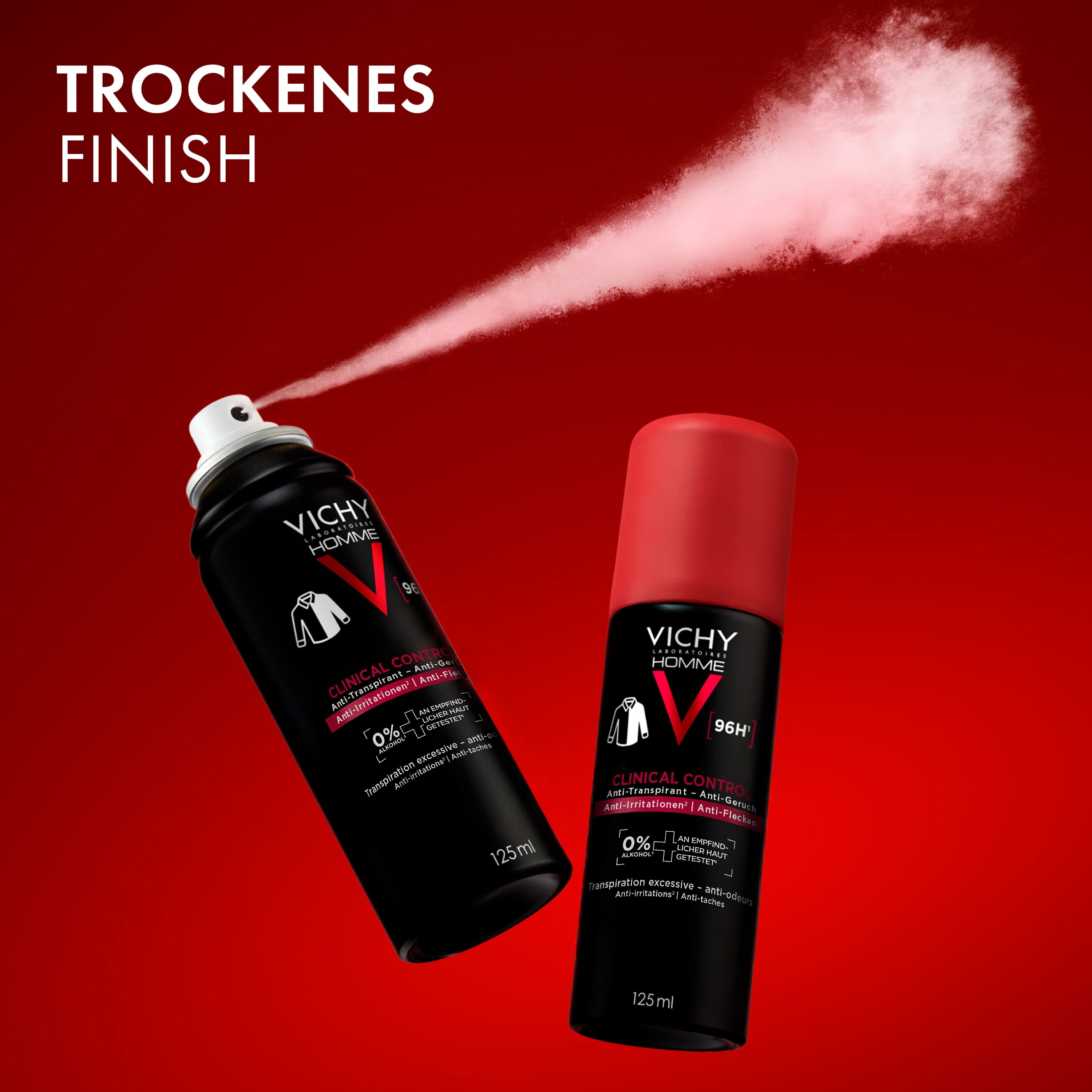 Vichy Homme Clinical Control Deodorant-Spray sprüht feinen Nebel neben zweitem Spray, im Bild steht: trockenes Finish