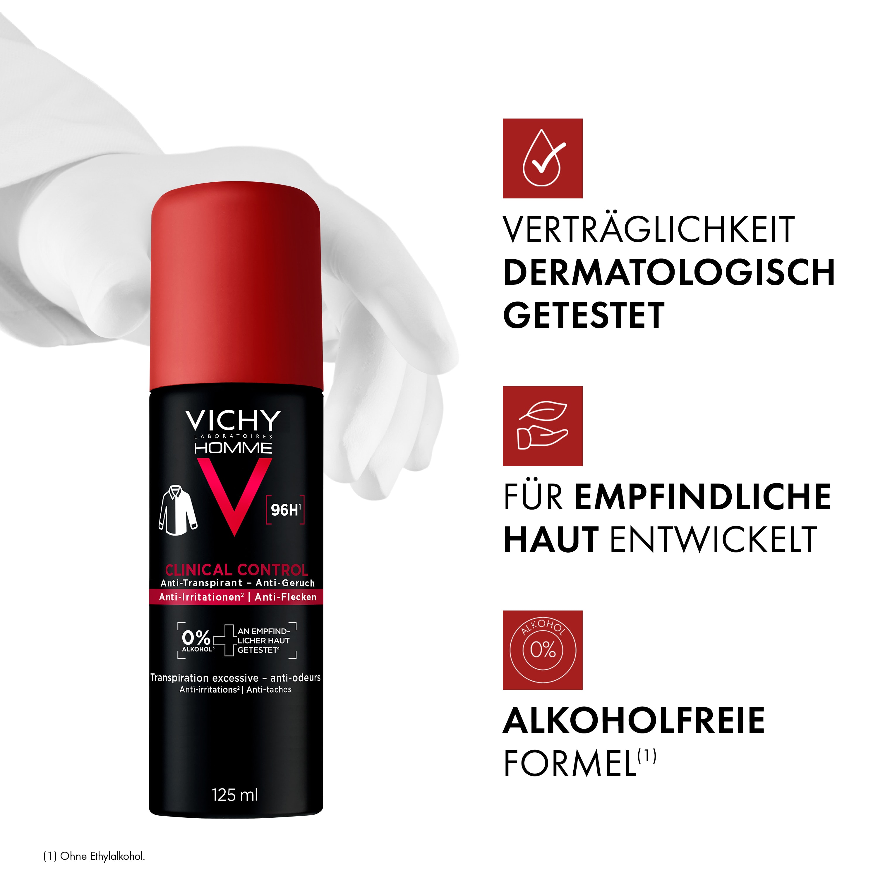 Vichy Homme Clinical Control Deodorant in weiss behandschuhter Hand, im Bild steht: dermatologisch getestet, für empfindliche Haut, alkoholfreie Formel