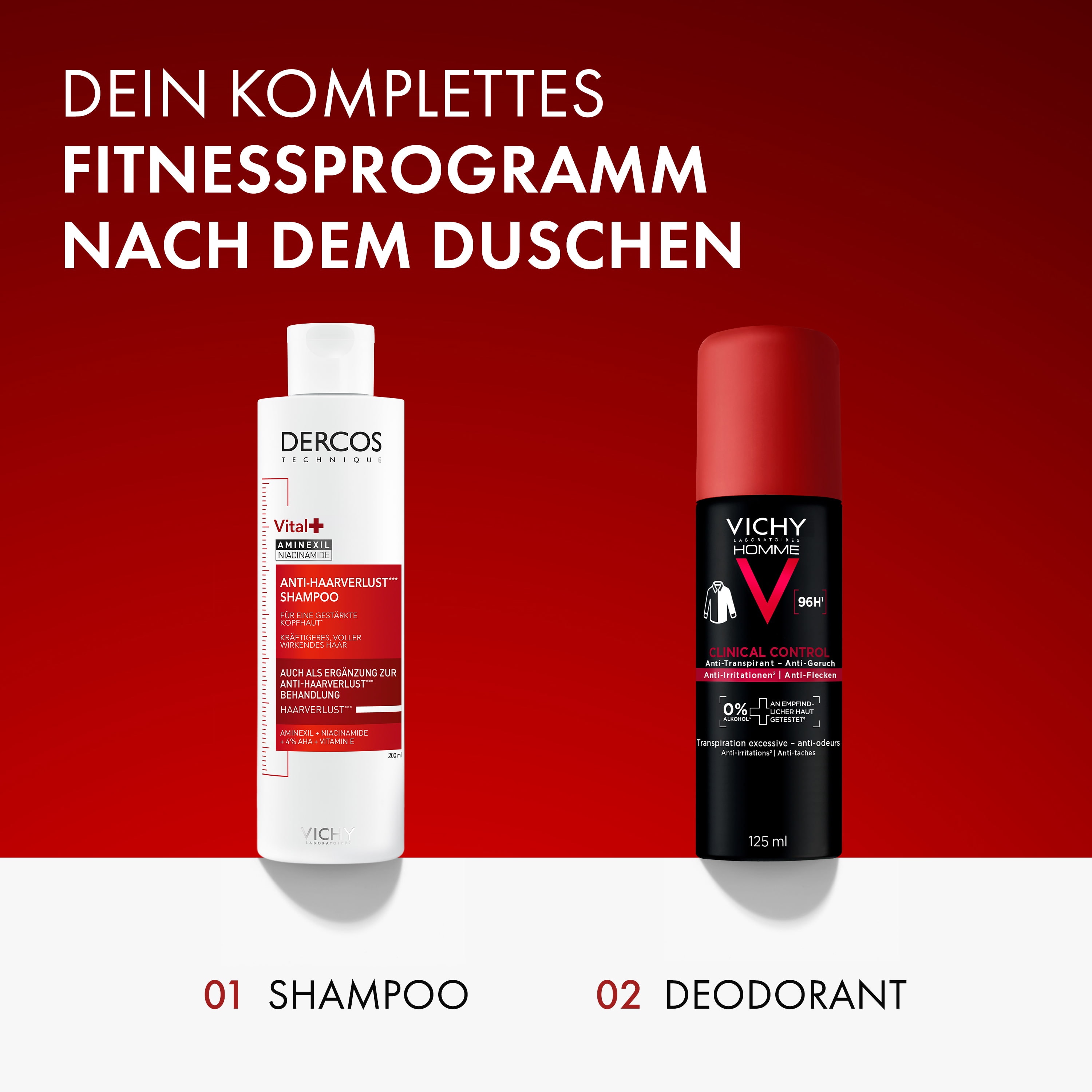 Vichy Dercos Anti-Haarverlust Shampoo und Vichy Homme Clinical Control Deodorant, im Bild steht: Fitnessprogramm nach dem Duschen