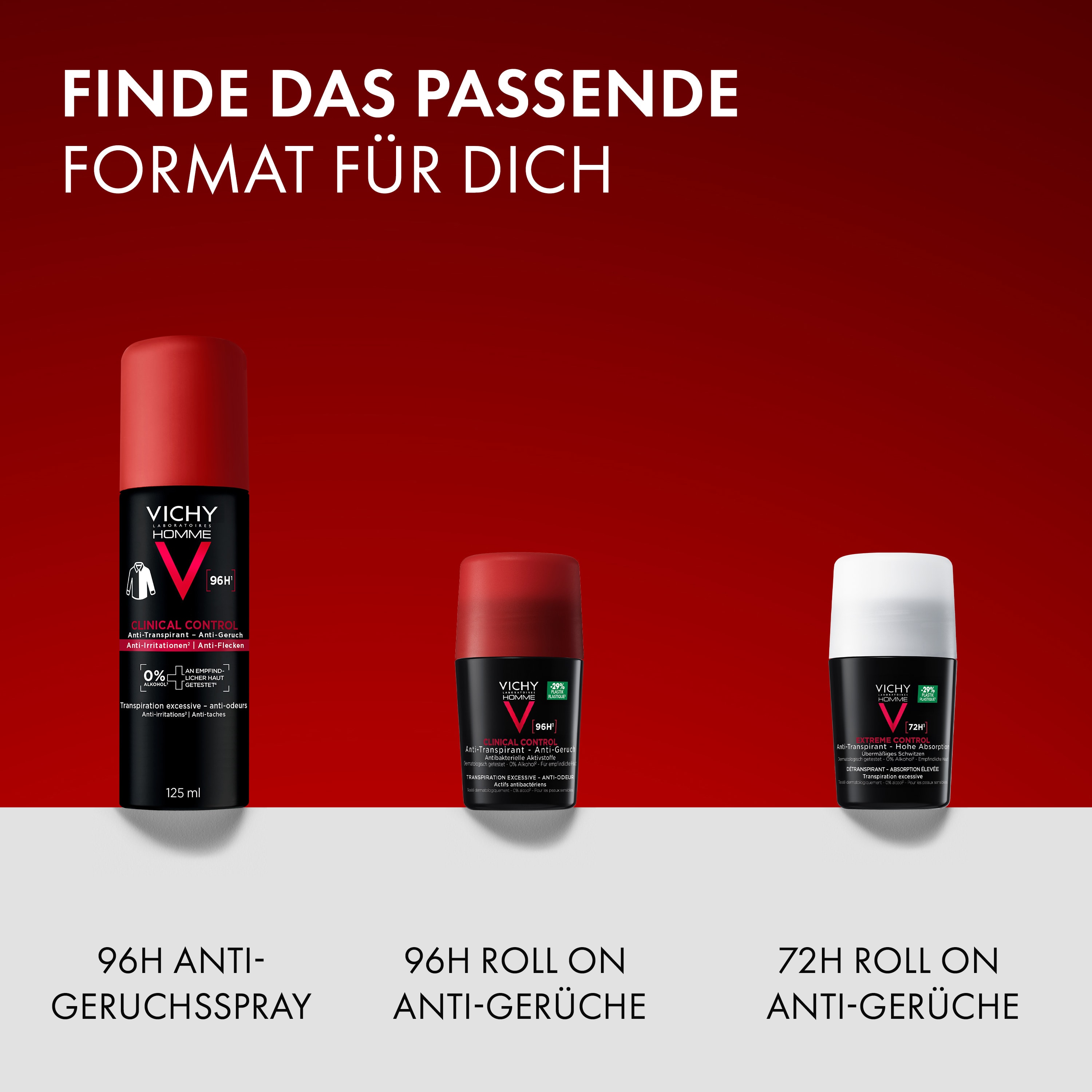 Drei Vichy Homme Deodorants in verschiedenen Formaten, im Bild steht: passendes Format, 96h Spray, 96h Roll-on, 72h Roll-on