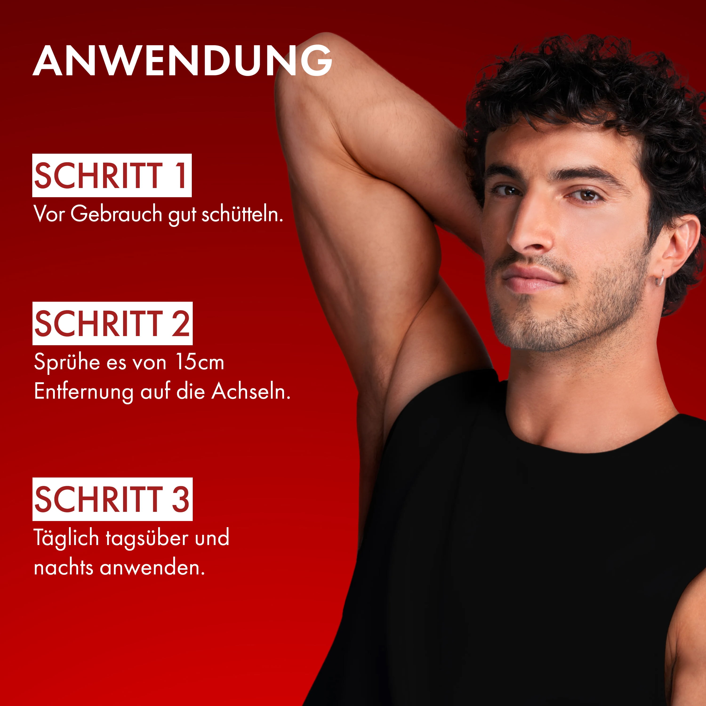 Mann hebt den Arm zur Deodorant-Anwendung, im Bild steht: gut schütteln, aus 15 cm auf die Achseln sprühen, täglich anwenden