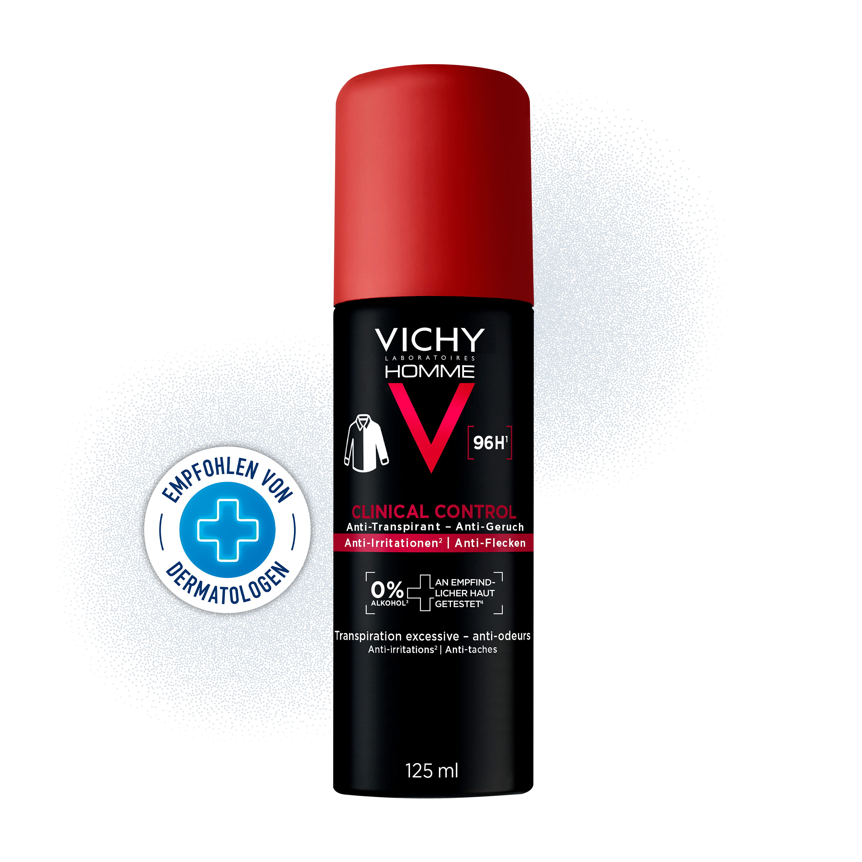 Vichy Homme Clinical Control Deodorant-Spray mit Siegel, im Bild steht: empfohlen von Dermatologen