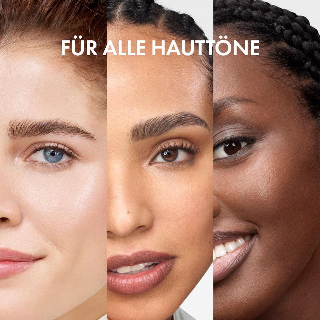Drei Gesichts‑Close-ups nebeneinander, Claim „Für alle Hauttypen“, Darstellung der Anwendung auf unterschiedlichen Personen.