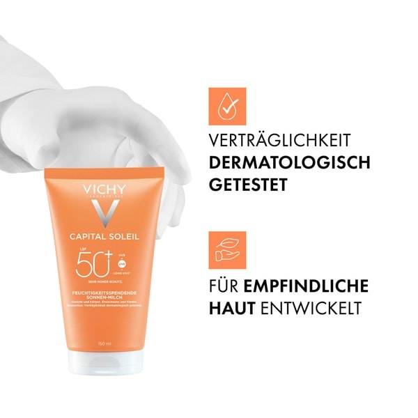 Produkt vor stilisierter Hand mit Icons und Hinweisen „dermatologisch getestet“ und „für empfindliche Haut entwickelt“.