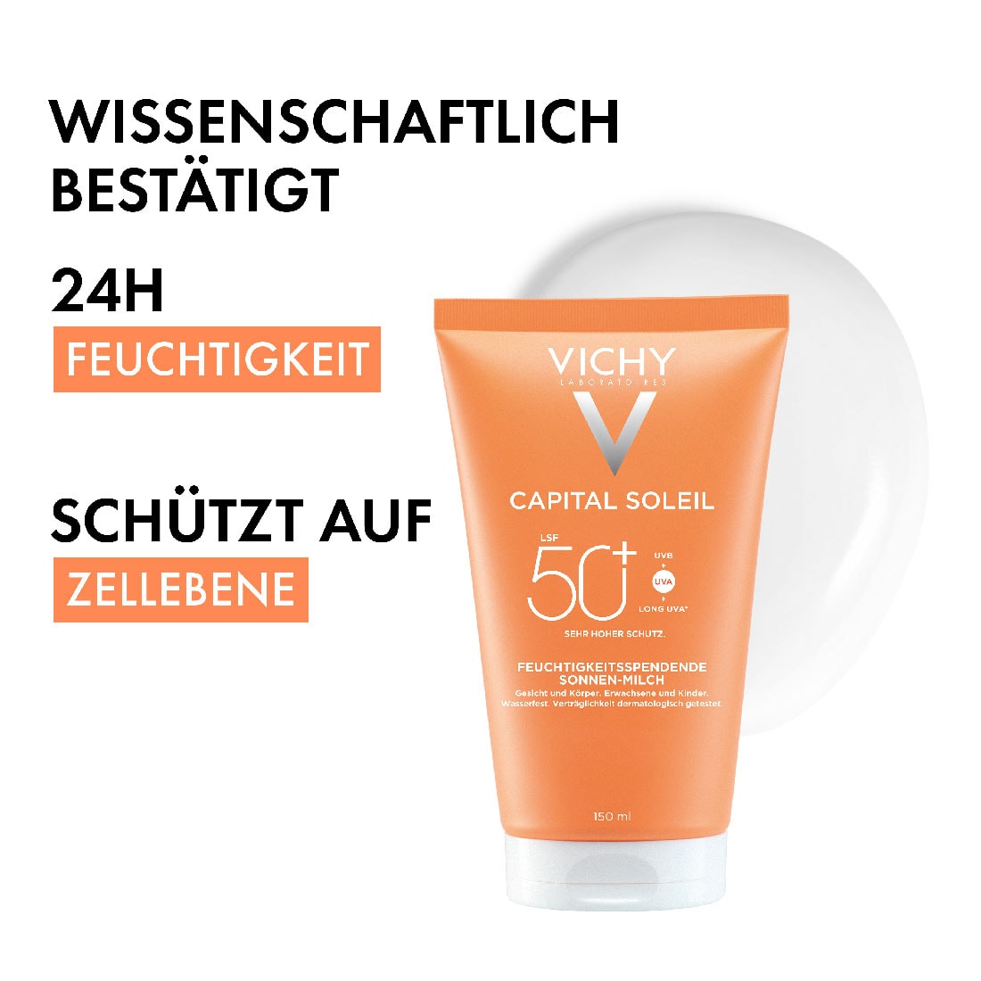 CAPITAL SOLEIL Invisible Hydrating Face and Body Milk LSF 50+ mit Claims „24H Feuchtigkeit“ und „Schutz auf Zellebene“.