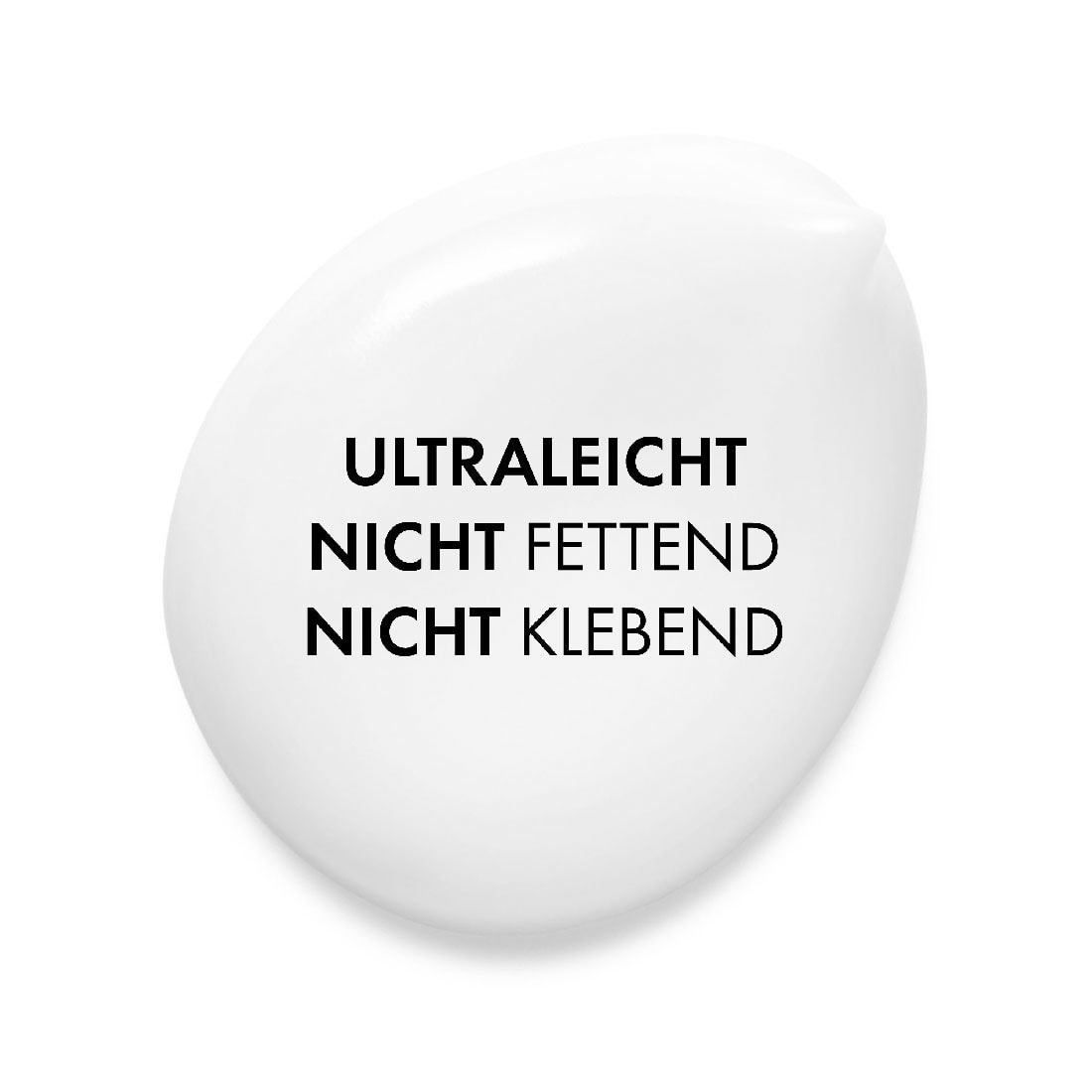 Weiße Produkttextur als Cremekreis mit den Claims „ultraleicht“, „nicht fettend“ und „nicht klebend“.