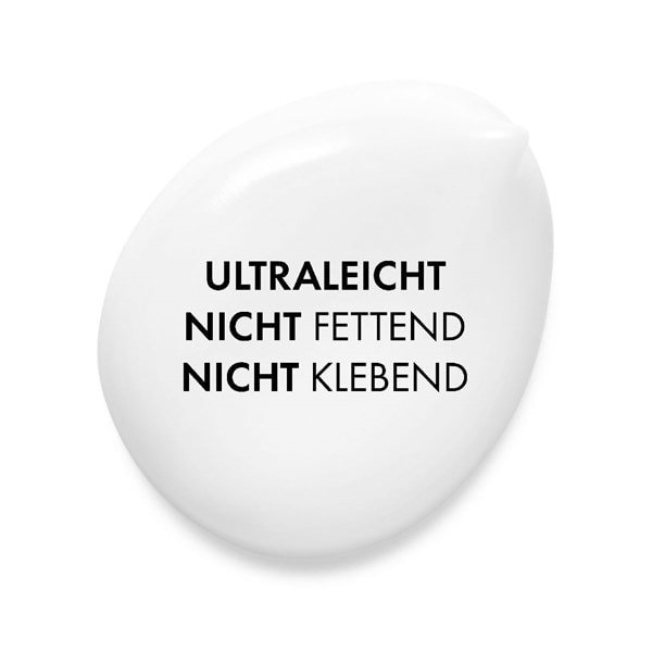 Weiße Produkttextur als Cremekreis mit den Claims „ultraleicht“, „nicht fettend“ und „nicht klebend“.