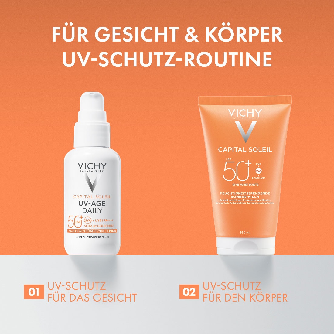 Zwei Produkte für UV-Schutz-Routine: UV‑Age Daily Fluid für das Gesicht und feuchtigkeitsspendende Sonnenmilch LSF 50+ für den Körper.