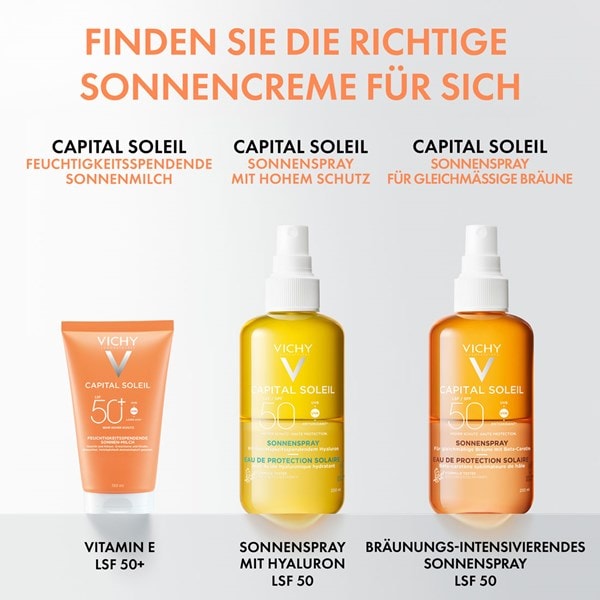 Übersicht mit drei CAPITAL SOLEIL Produkten: Feuchtigkeitsspendende Sonnenmilch LSF 50+, Sonnenspray mit Hyaluron LSF 50 und bräunungs-intensivierendes Sonnenspray.