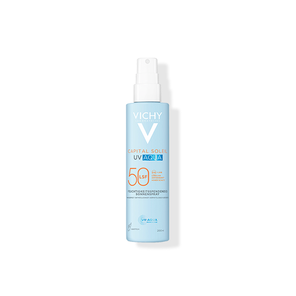 Spray solaire Vichy Capital Soleil UV Aqua SPF 50 en flacon spray bleu clair, 200 ml