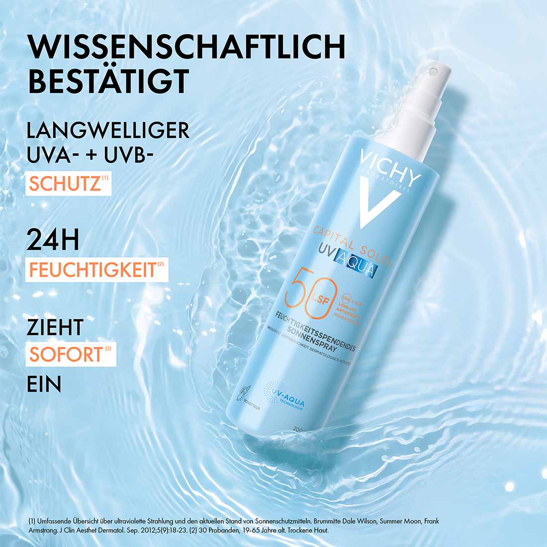Vichy Capital Soleil UV Aqua Sonnenspray LSF 50 im Wasser, im Bild steht: wissenschaftlich bestätigt, UVA- und UVB-Schutz, 24h Feuchtigkeit, zieht sofort ein