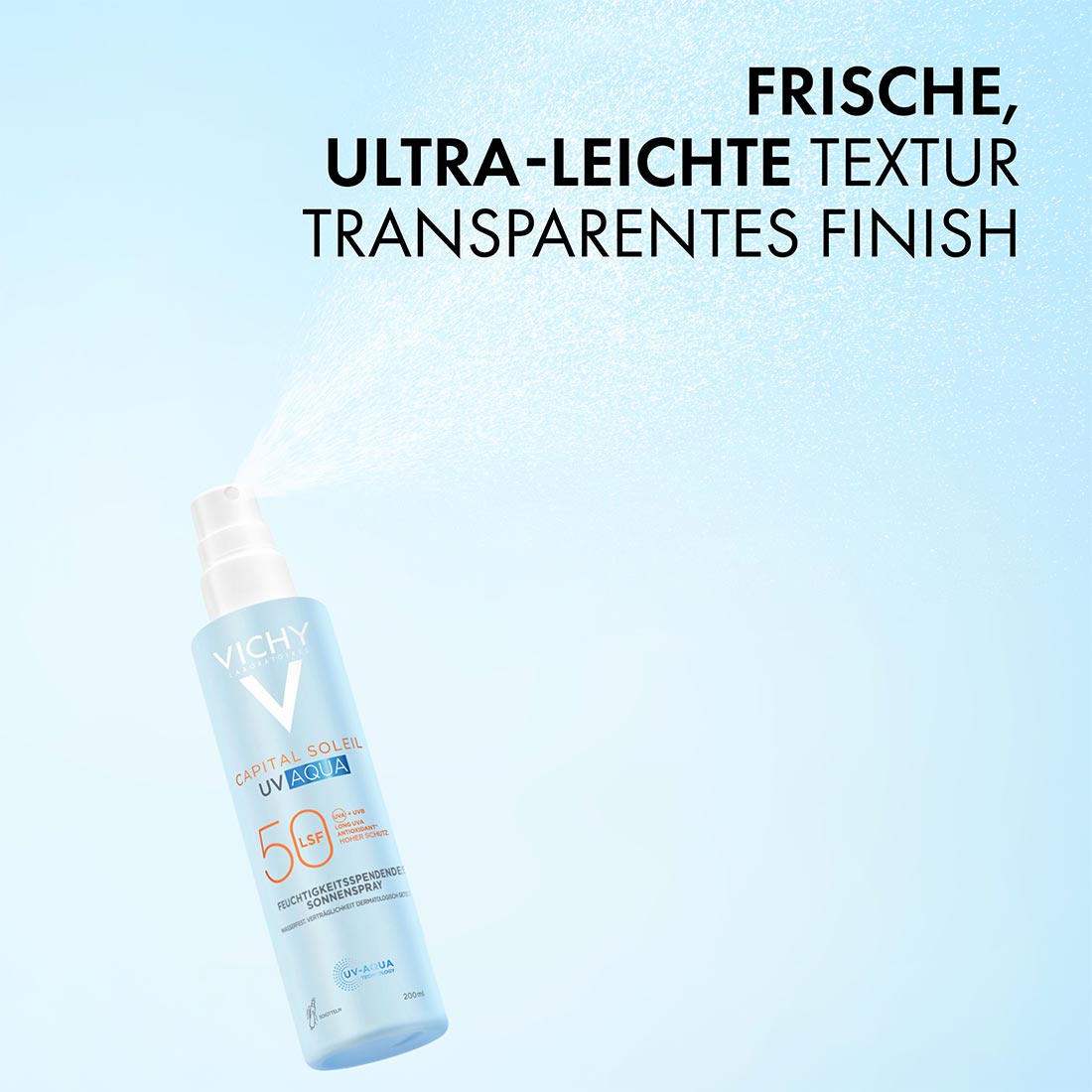Vichy Capital Soleil UV Aqua Sonnenspray LSF 50 sprüht feinen Nebel, im Bild steht: frische, ultra-leichte Textur, transparentes Finish