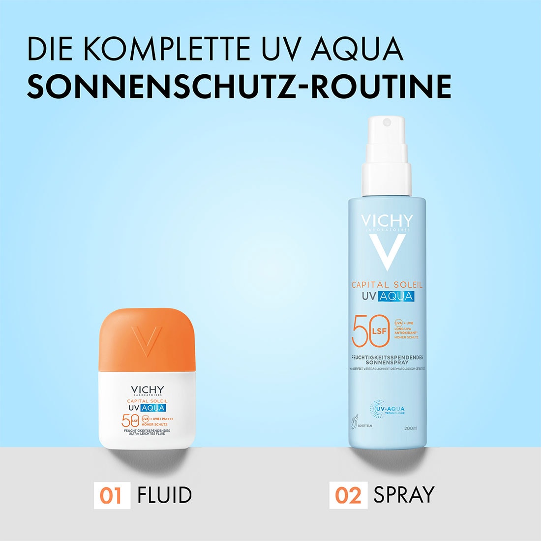 Vichy Capital Soleil UV Aqua Fluid und Sonnenspray LSF 50, im Bild steht: UV Aqua Sonnenschutz-Routine, Fluid und Spray
