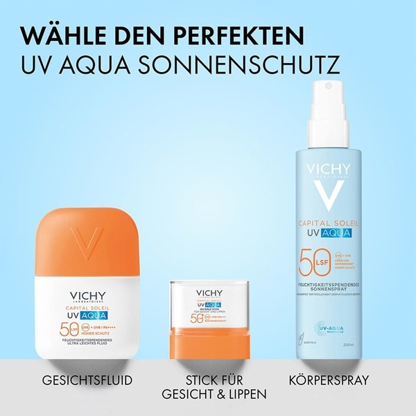 Vichy Capital Soleil UV Aqua Gesichtsfluid, Stick und Körperspray LSF 50, im Bild steht: UV Aqua Sonnenschutz wählen