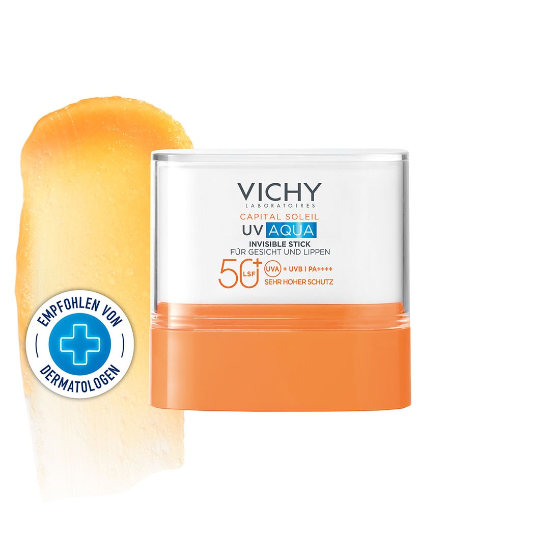 Vichy Capital Soleil UV Aqua Invisible Stick LSF 50 für Gesicht und Lippen mit Produkttext und Siegel, im Bild steht: empfohlen von Dermatologen