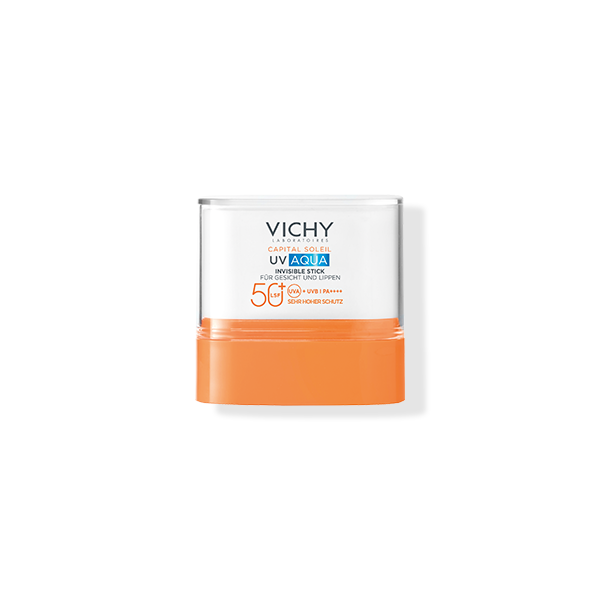 Vichy Capital Soleil UV Aqua Invisible Stick LSF 50+ für Gesicht und Lippen, im Bild steht: sehr hoher Schutz