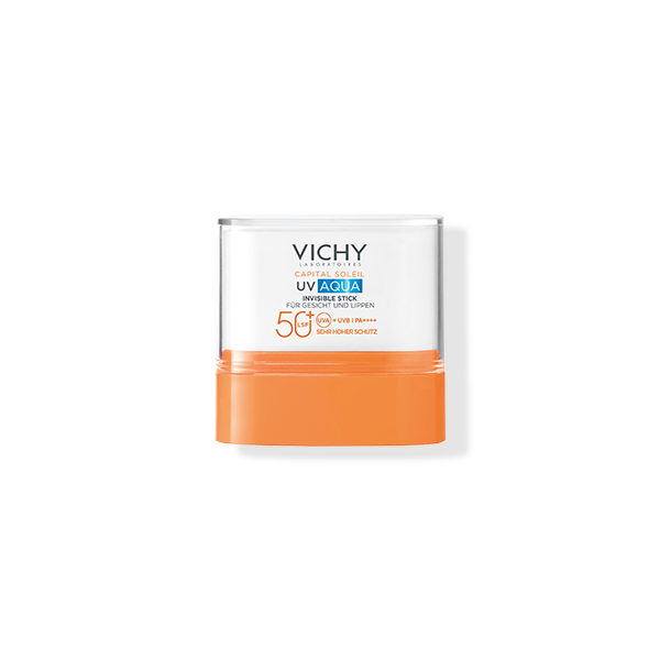 Vichy Capital Soleil UV Aqua Invisible Stick LSF 50+ für Gesicht und Lippen, im Bild steht: sehr hoher Schutz