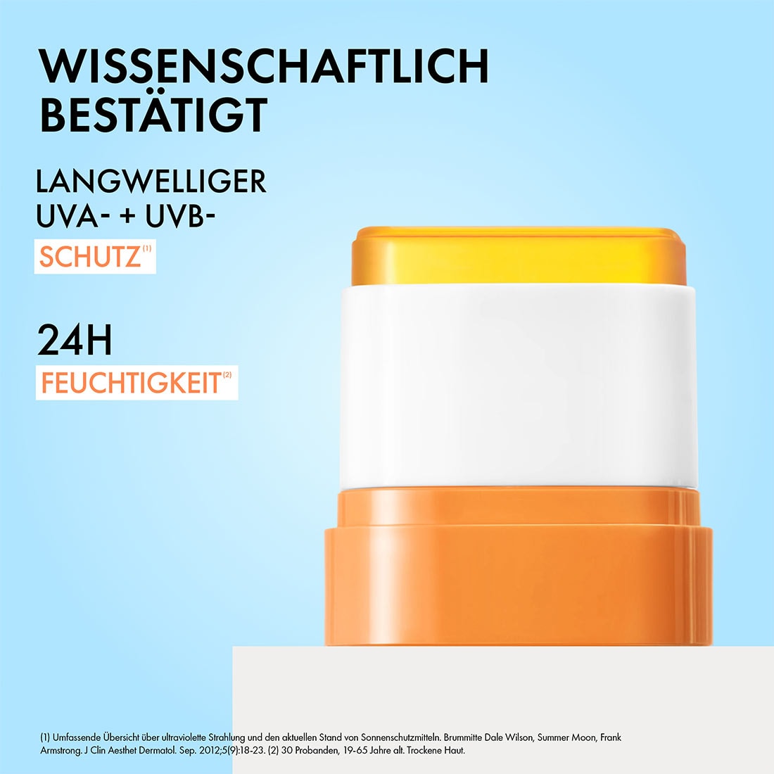 Vichy Sonnenschutzstick in Nahaufnahme, im Bild steht: wissenschaftlich bestätigt, langwelliger UVA- und UVB-Schutz, 24h Feuchtigkeit