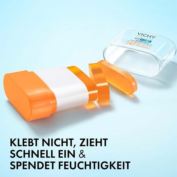 Vichy Capital Soleil UV Aqua Invisible Stick LSF 50+ liegt geöffnet in Einzelteilen, im Bild steht: klebt nicht, zieht schnell ein, spendet Feuchtigkeit