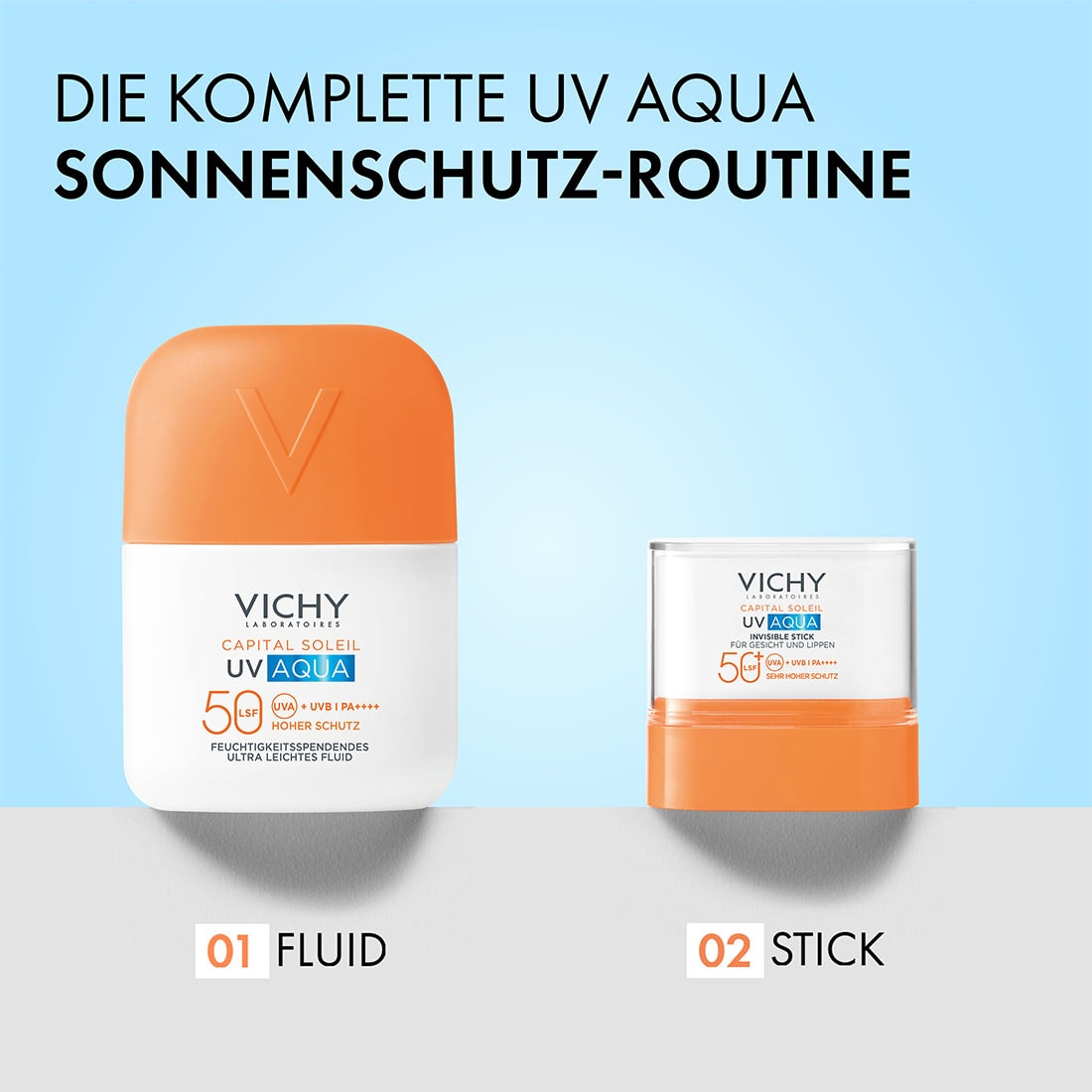Vichy Capital Soleil UV Aqua Sonnenschutz als Fluid und Stick nebeneinander, im Bild steht: UV Aqua Sonnenschutz-Routine, Fluid und Stick